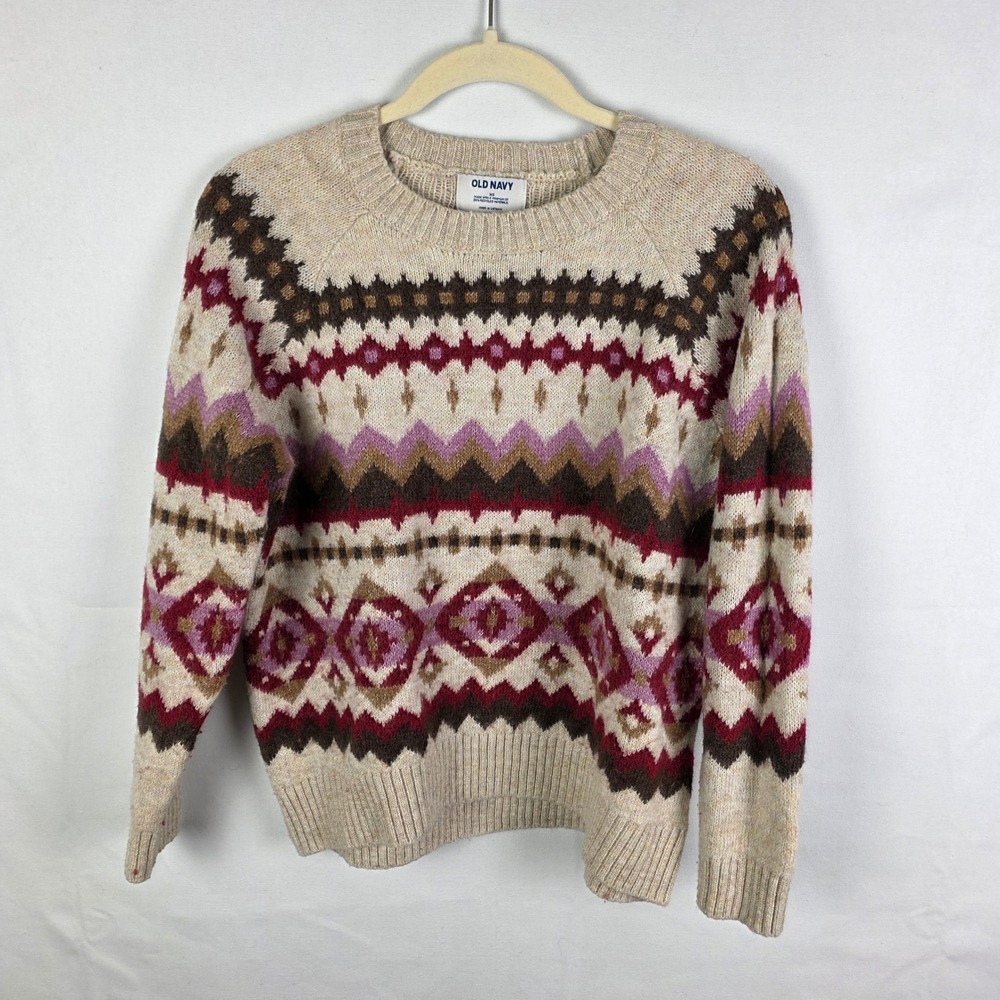 Old Navy Womens XS Fair Isle Crewneck Sweater Oatmeal Burgundy Brown Wool Blend